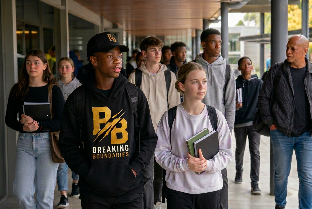 Diverse young people walking forward together with mentors, carrying books, backpacks and sports gear, representing opportunity through education and sport.