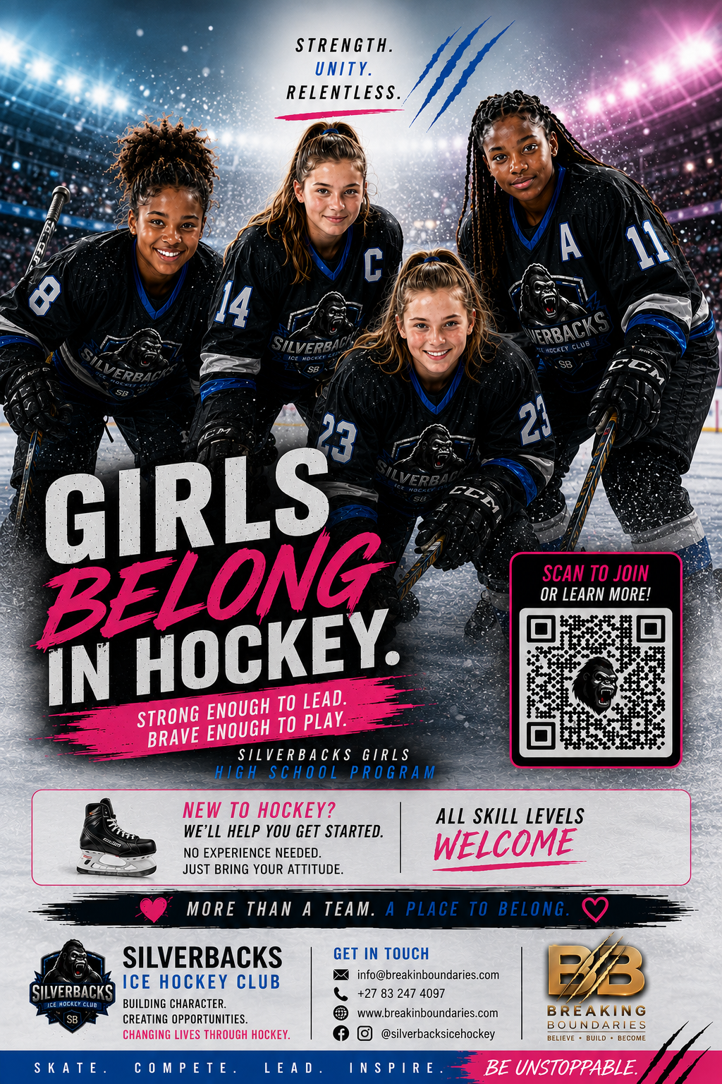Silverbacks Girls High School Programme flyer — Girls Belong In Hockey.