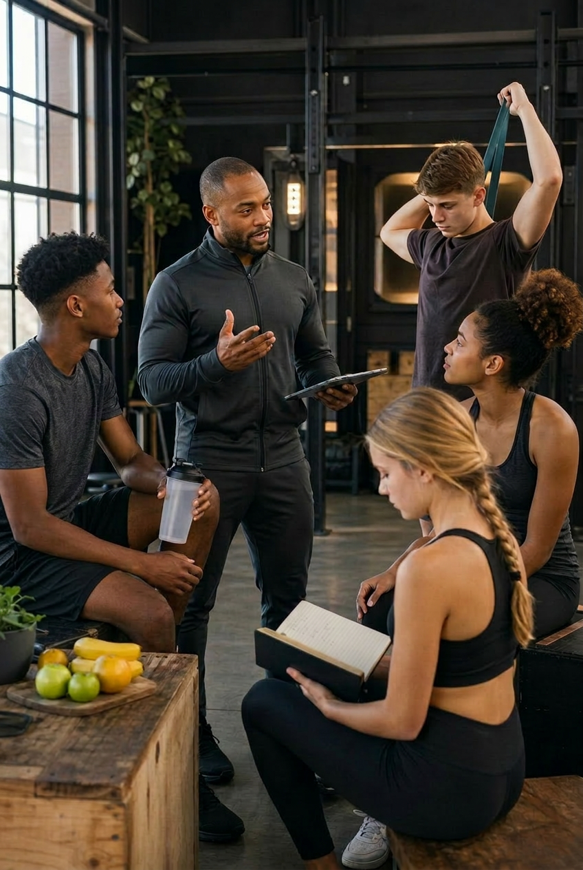 A coach mentoring a diverse group of young athletes in a modern training space with fresh fruit and training notes, representing fitness, nutrition, mentorship and wellbeing.