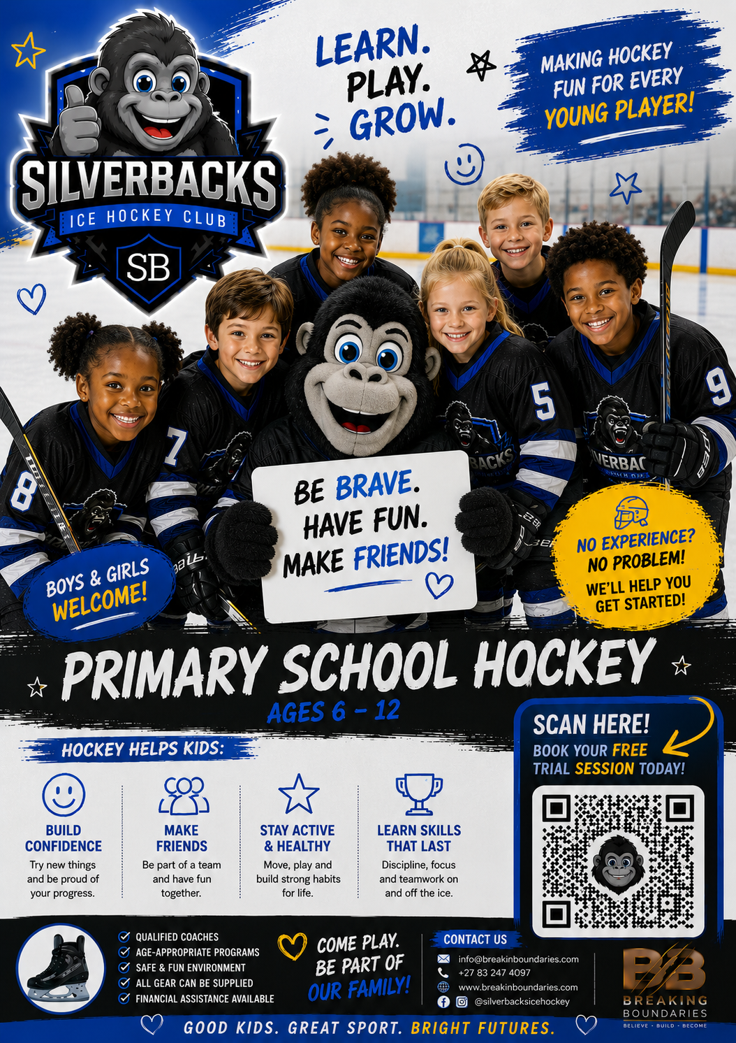 Silverbacks Primary School Hockey flyer — Learn. Play. Grow. Ages 6–12.