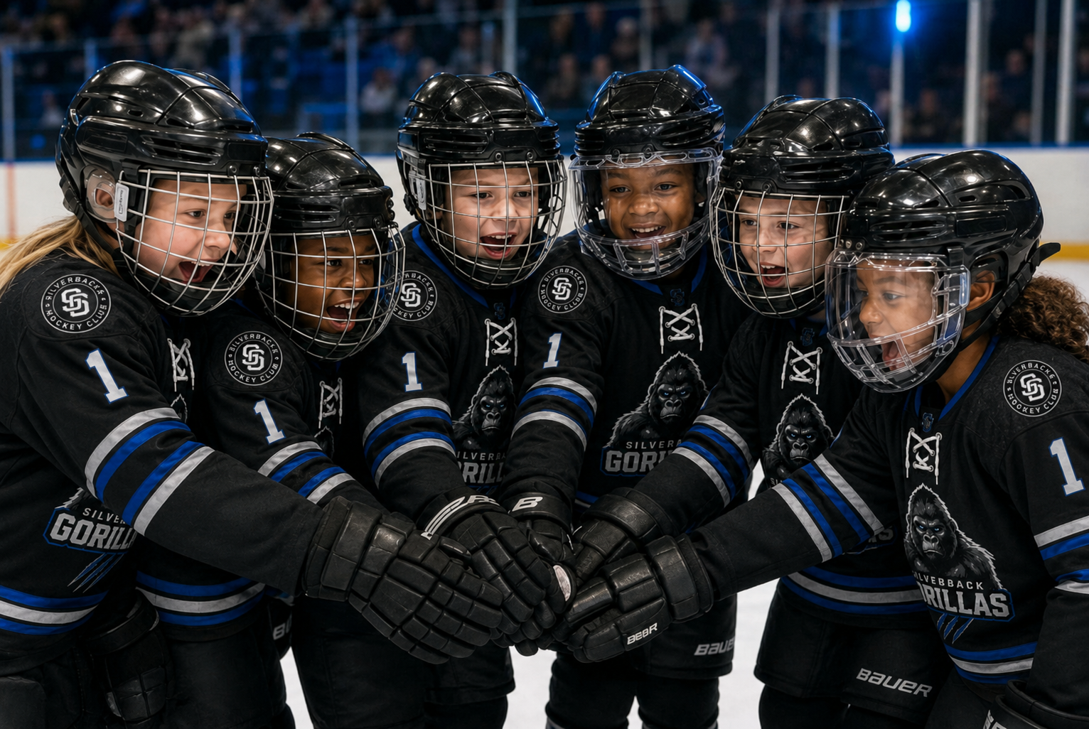 Silverbacks youth hockey players in official jerseys celebrating team unity