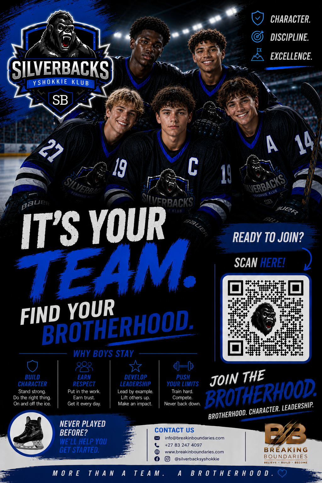 Silverbacks Boys High School Programme flyer — It's Your Team. Find Your Brotherhood.