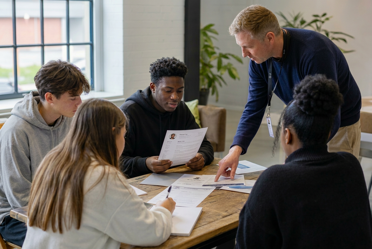 Four young adults reviewing printed CVs and job documents with a career adviser during a work-readiness mentoring session.
