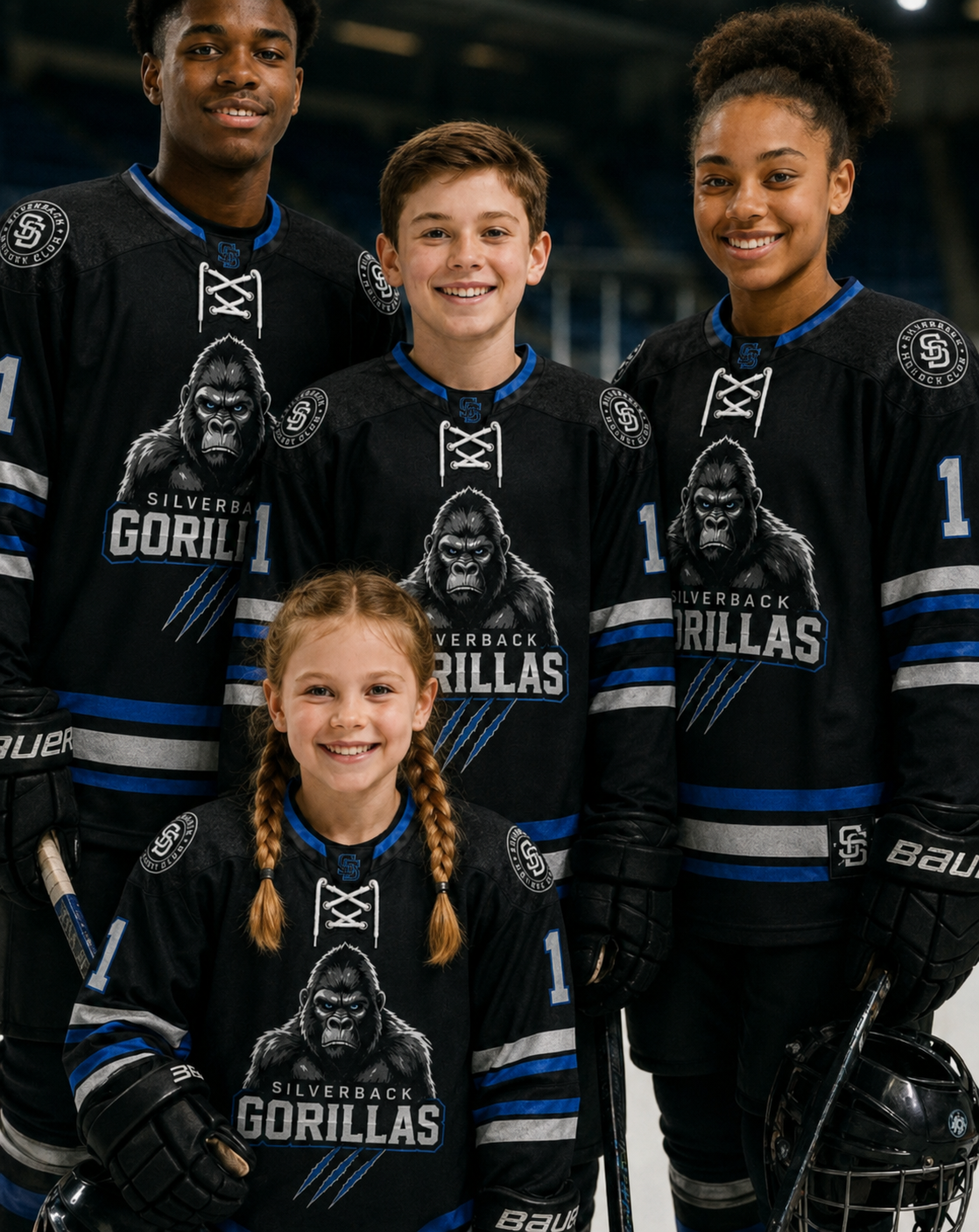 Silverbacks youth hockey players in official black and blue jerseys