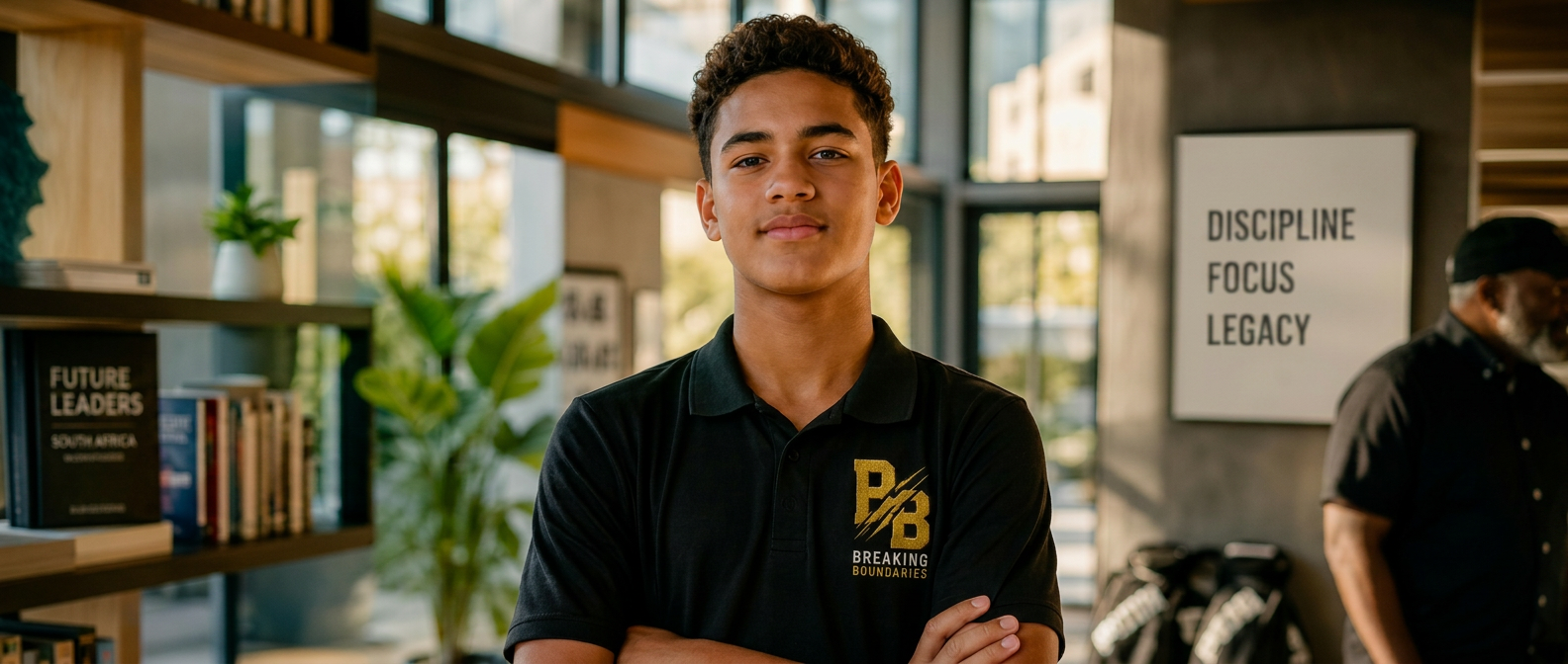Confident young South African student standing in a modern, aspirational space surrounded by subtle cues of mentorship, education and sport