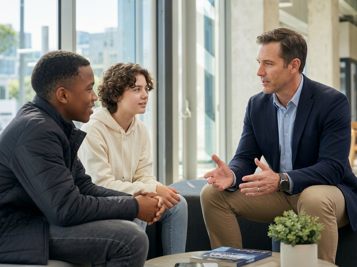 A mentor speaking with two young people in a bright modern setting