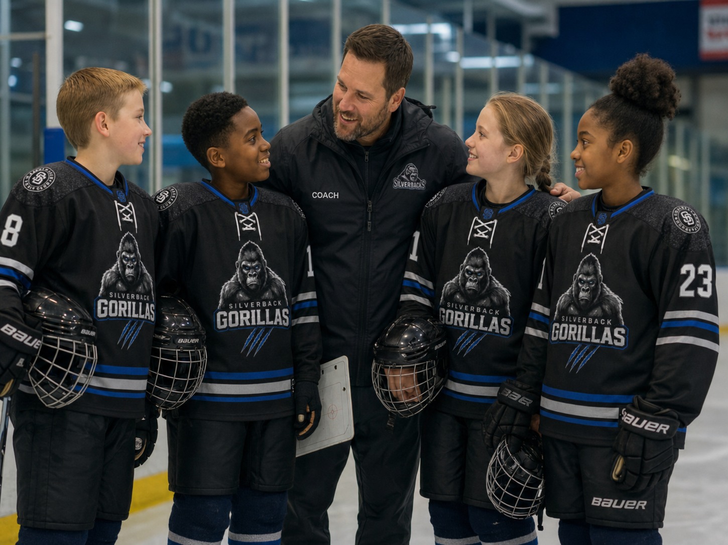 Silverbacks youth hockey players with coach on the ice